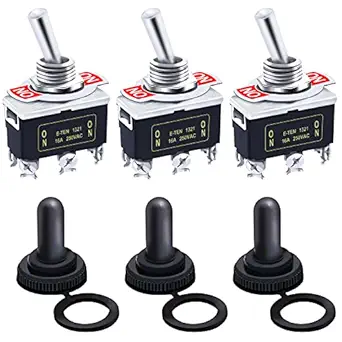 Twidec/3Pcs Heavy Duty Rocker Toggle Switch 16A 250V AC DPDT 2 Position 6 Pin ON/ON Switch with Metal Bat Waterproof Boot Cap Cover Ten-1321MZ-B202