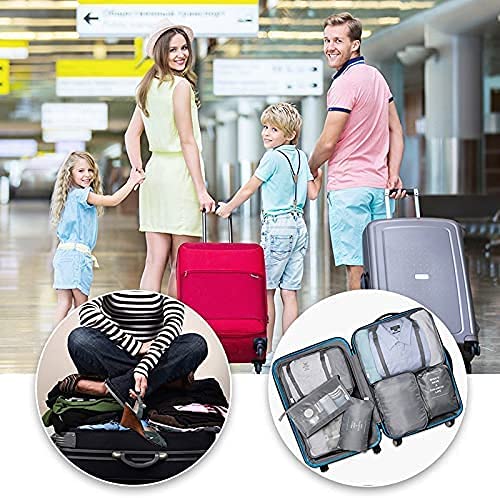 Set di 8 cubi di imballaggio, sacchetti da viaggio, valigie da imballaggio, inclusi borsa da toilette aggiornata, borsa per lavanderia e borsa per scarpe (blu navy
