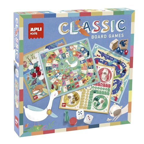 APLI Kids 19147 - Jeux de société 4 en 1 : un ensemble de 4 jeux de société classiques illustrés : le jeu de l'oie, les petits chevaux, le jeu de...