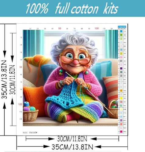 Image of Grandmother Knitting Stamped Cross Stitch Kits for Beginners Adults, Dimensions Needlepoint Art Crafts,Counted Cross Stitch Kits Embroidery Kits for Beginners Adults for Home Decor 13.8X13.8inch