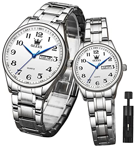 OLEVS Valentines Couple Pair Watches for Men and Women Lovers Romantic Wedding Gifts Set of 2 Matching His and Hers Business Silver Quartz Day Date Wrist Watch Waterproof Stainless Steel Band -  YPF-S-LG5567GS-BB