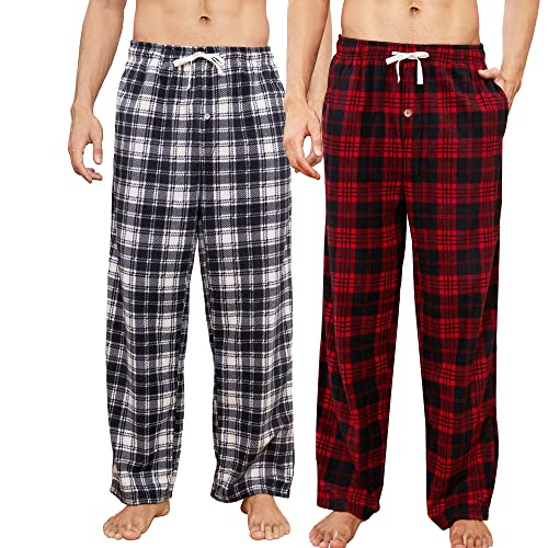 U2SKIIN 2 Pack Mens Fleece Pajama Pants, Warm Plaid Lounge Pj Bottoms for Men with Pockets Soft