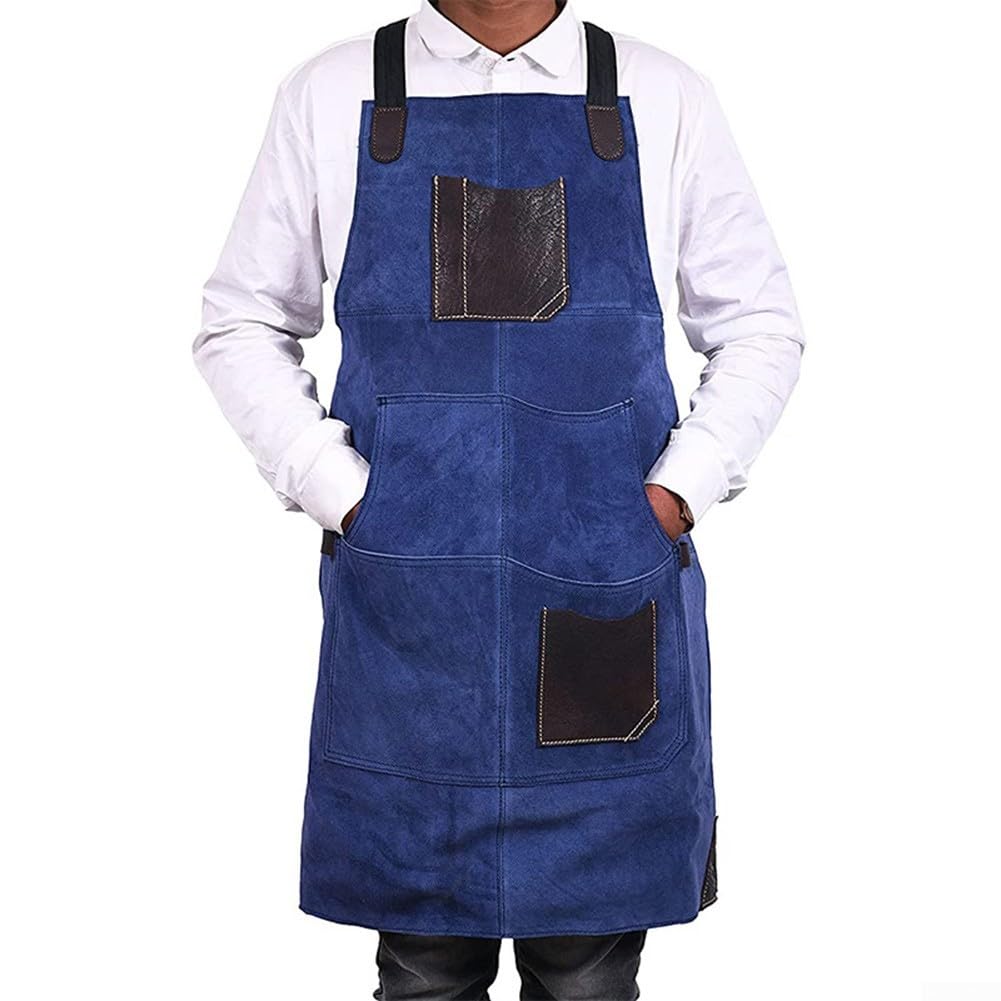 Tablier de travail en velours double face avec ajustement réglable et poches pratiques, avec contraste en cuir synthétique pour la soudure, la menuiserie et la cuisine
