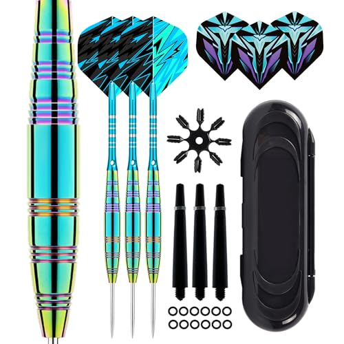 Darts Set 23g Professional 3 Pack, Steel Tip Darts Set with Aluminum Shafts(+3 More Spare Shafts) and 2 Style Flights+Rubber O-Rings and Darts Case, lake blue