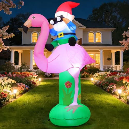 GOOSH 6 FT Spring Summer Inflatable Flamingo Outdoor Decoration Blow Up Yard with Gnomes Built-in LEDs for Indoor Hawaiian Party Garden Lawn Decor