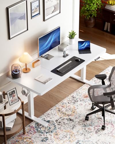 Image of HUANUO 60 x 30 inch Large Standing Desk, Powerful Brushless Motor Large Height Adjustable Table, 4 Memory Preset Stand Up Work Station Sit Stand Desk, Home Office with Thick T-Shaped Frame,White