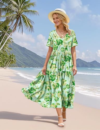 Image of YESNO Women's Summer Maxi Dresses Casual Floral Short Sleeve V Neck Boho Beach Vacation Swing Dress with Pockets EVF