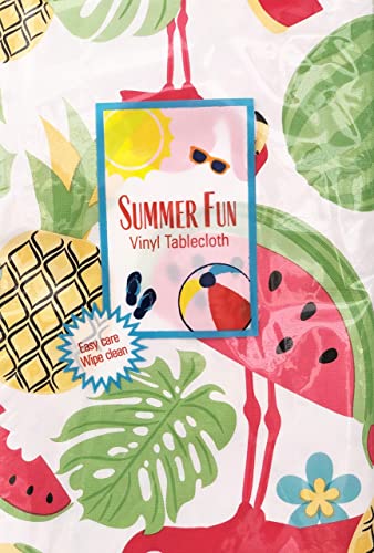 Elrene Home Fashions Summer Fun Colorful Flamingos, Fruits, And Tropical Flowers Vinyl Flannel Back Tablecloth (52''X52'' Square) Pink/Red/Green/Yellow/Black/Blue/White #TOP4