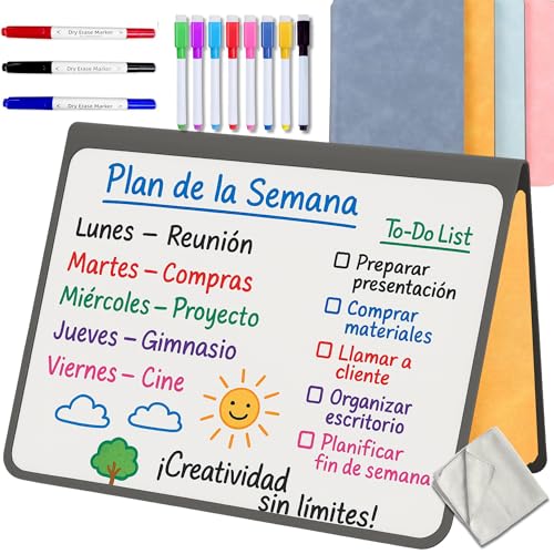 PIZARRA BLANCA pequeña | CUADERNO Pizarra PLEGABLE, BORRABLE y PORTÁTIL | Pizarra MAGNÉTICA | 2 x A5 + 11 Rotuladores + Gamuza - Cuaderno de pizarra | INFANTIL | OFICINA | ESTUDIAR | Naranja ✅