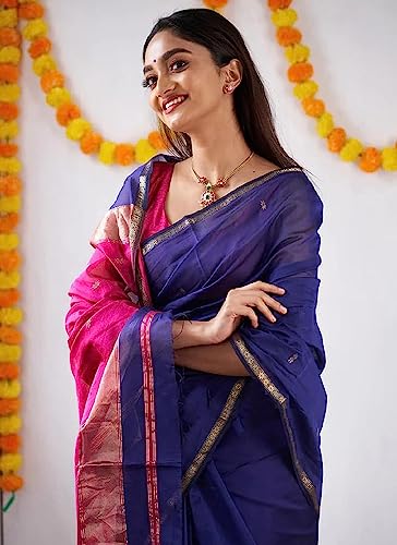 Image of SGF11 Women's Kanjivaram Soft Cotton Linen Silk Saree With Blouse Piece (Blue Pink)