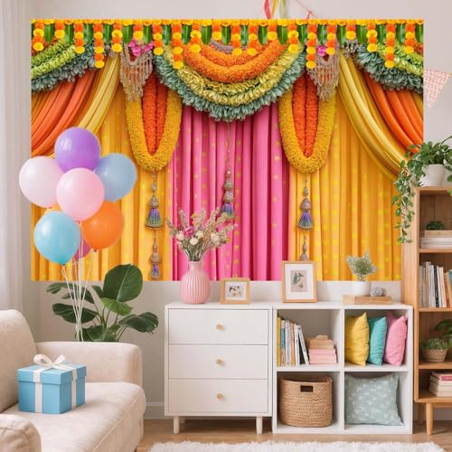 Image of 12x10FT Indian Pooja Backdrop, India Religious Festival Diwali Puja Ganpati Photography Background Marigold Pink Yellow Curtain Banner for Wedding Party Decor Photo Prop