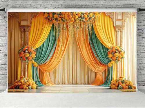 Image of Indian Pooja Backdrop Photography Background, Traditional Chatiya Navratri Ganpati Ganesh Marigold Backdrops Wall Decor for Durga Puja(7x5FT), Multi4
