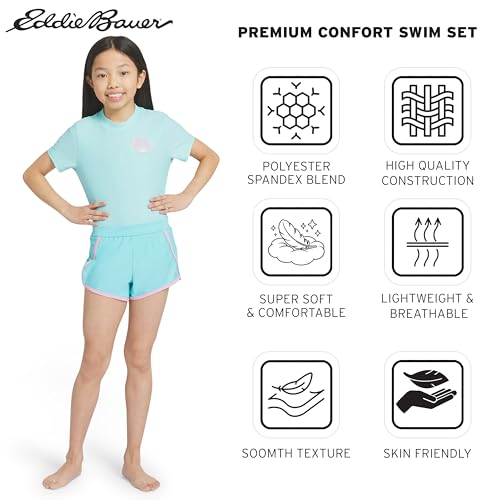 Image of Eddie Bauer Girls' UPF 50+ Rash Guard Sun Tee Shirt and Swim Short Set