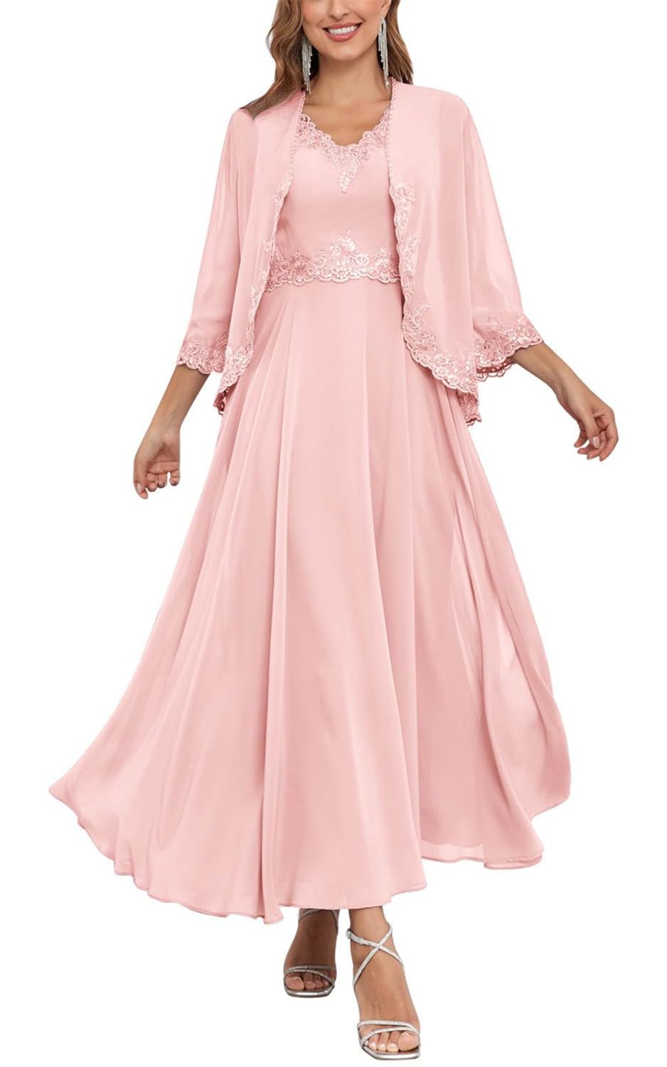 KURFACE Blush Pink Lace Applique Chiffon Mother of the Bride Dresses with Jacket V Neck A Line Formal Evening Dress UK20