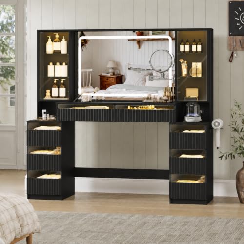Image of BORNOON 59 inch Large Vanity Desk, 360 Dual-Sided Mirror Dressing Table