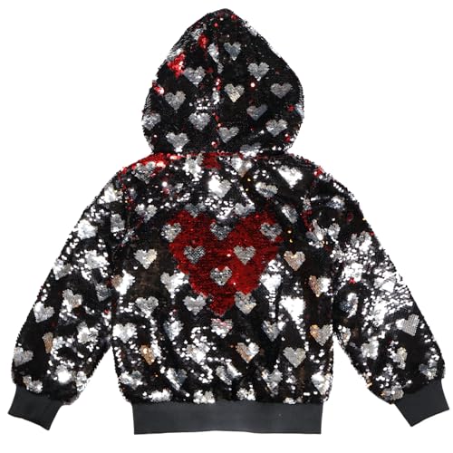 Rebelde Planet – Girls Black Bomber Jacket with Silver Heart Flip Sequin, Side Pockets, Metallic Zipper with Star Slider2
