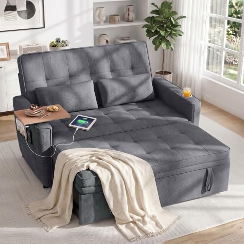Image of Dreamzie 54'' Convertible Sleeper Sofa Bed with Swivel Side Table, Chenille Pull Out Couch for Living Room, Loveseat Sleeper Couch with Side Pocket | Charging Port | Cup Holder, Dark Grey
