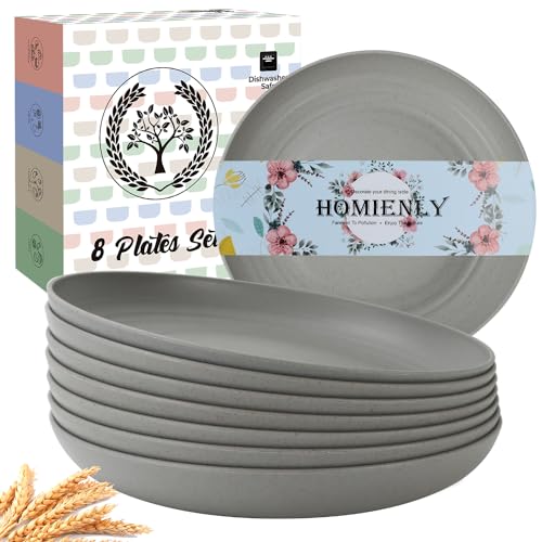 Image of Homienly Deep Dinner Plates Set of 8 Alternative for Plastic Plates Microwave and Dishwasher Safe Wheat Straw Plates for Kitchen, Camping Unbreakable Lightweight Round Plate Set (Grey, 9 inch)