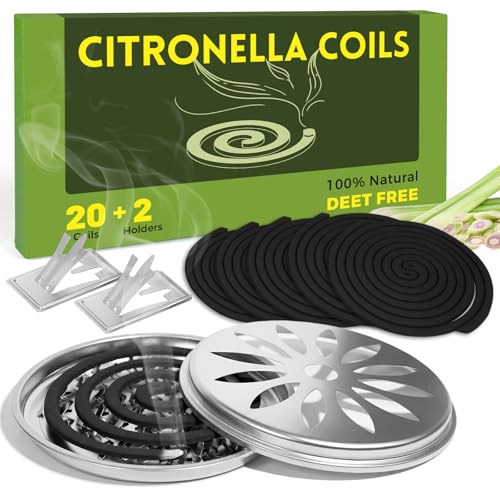SCENTORINI Citronella Coils Citronella Räucherspirale Brenndauer pro Spirale Zitronengras Coils für Innen und Terrassen Draußen Balkone Garten 20 Spiralen mit 2 Räucherschale