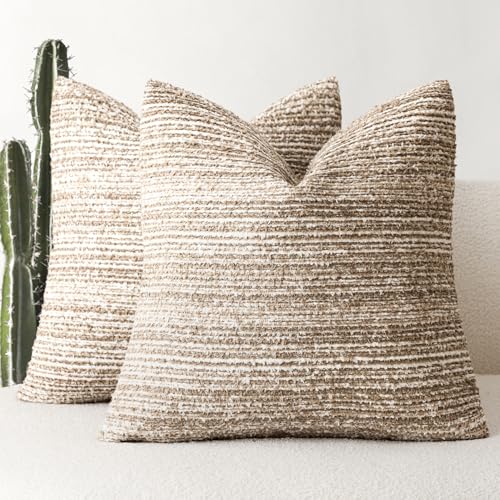 Image of Foindtower Set of 2 Faux Fur Textured Modern Throw Decorative Pillow Covers Square Accent Striped Cushion Sherpa Boho Farmhouse Pillowcase for Couch Sofa Living Room Home Decor 18x18 Inch,Tan Khaki