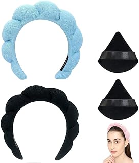 Skincare Headbands Sponge Headband for Women, Sponge Spa Headband for Washing Face, Soft Preppy Makeup Head Band for Spa Wash Face Makeup (2 Pack/Black+blue), 4 Count