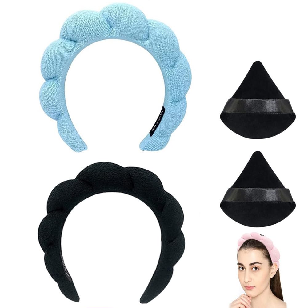 Blithetree Skincare Headbands Sponge Headband for Women, Sponge Spa Headband for Washing Face, Soft Preppy Makeup Head Band for Spa Wash Face Makeup (2 Pack/Black+blue)