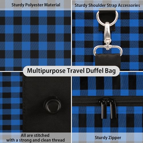 Blue Buffalo Plaid Travel Duffle Bag, Weekender Bags for Women Men, Carry on Overnight Bag Waterproof Gym Bags, Hospital Bag for Labor and Delivery3