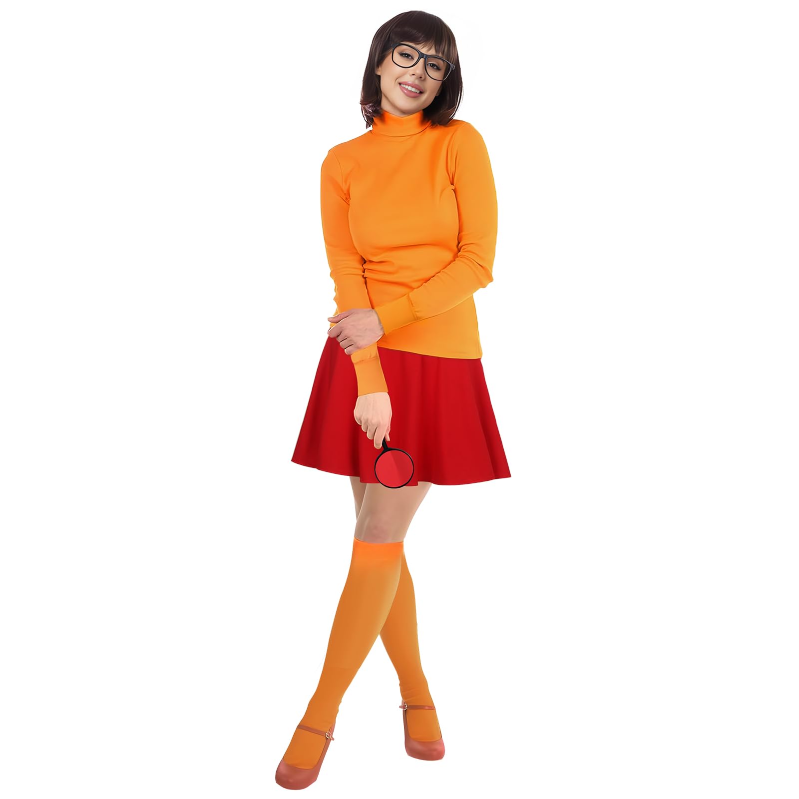 NUWIND Halloween Deluxe Adult Costume for Women,Brown Bob Wig,Orange Turtleneck Top,Red Skater Skirt,Magnifying Glass,Socks and Glasses Carnival Cosplay Fancy Dress (Orange - Image 2