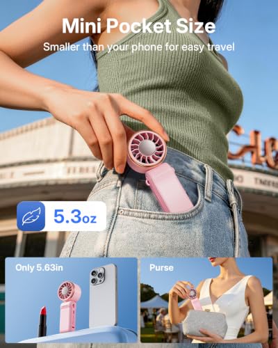 SWEETFULL Mini Portable Fan with Ice Cooling, Lightweight Handheld Pocket Turbo Fan Rechargeable, 3 Speed, Foldable Personal Hand Fan for Travel, Beach Vacation, Women Girls (Pink) - image 3
