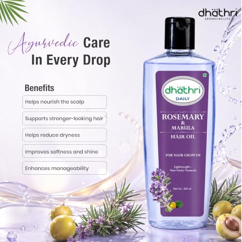 Image of Dhathri Rosemary and Marula Hair Oil with Sesame & Coconut Oil | Promotes Hair Growth & Thickness | Reduces Breakage | Non-Sticky, Lightweight Ayurvedic Hair Oil | All Hair Types, 300ml