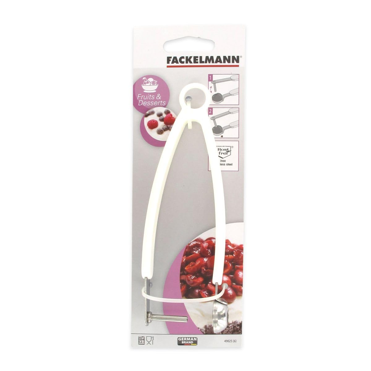 Fackelmann 49025 Dénoyauteur de cerises, dénoyauteur, extracteur de noyau, Acier inoxydable, Plastique, Blanc, 17,5 x 4,5 x 2 cm