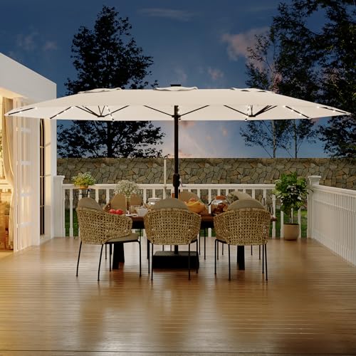 15FT Rectangular Patio Umbrella with Solar Lights & Base Included - Large Patio Umbrella with Crank Handle, UV Protection for Outdoor Market, Backyard, Pool - Beige