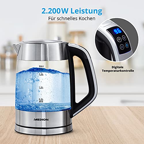 MEDION Wasserkocher mit Temperatureinstellung (Glas, Edelstahl, 2200 Watt, 1.7 Liter, Filter, 30-100° C, Tee… – Bild 3