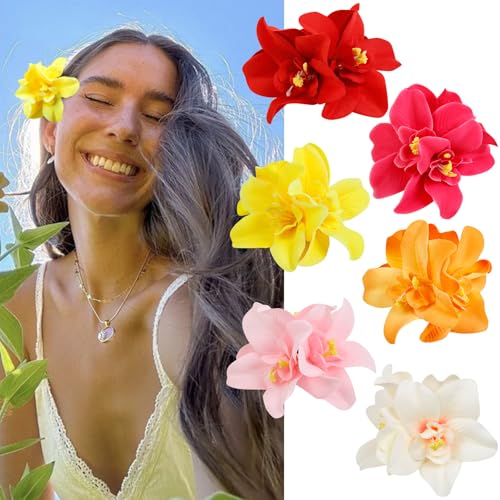 6Pcs Hawaiian Flower Hair Clips for Women Bohemia Tropical Hawaiian Flower Hair Clip Beach Vacation Party Hair Bobby Pins Bridal Accessories for Women Girls