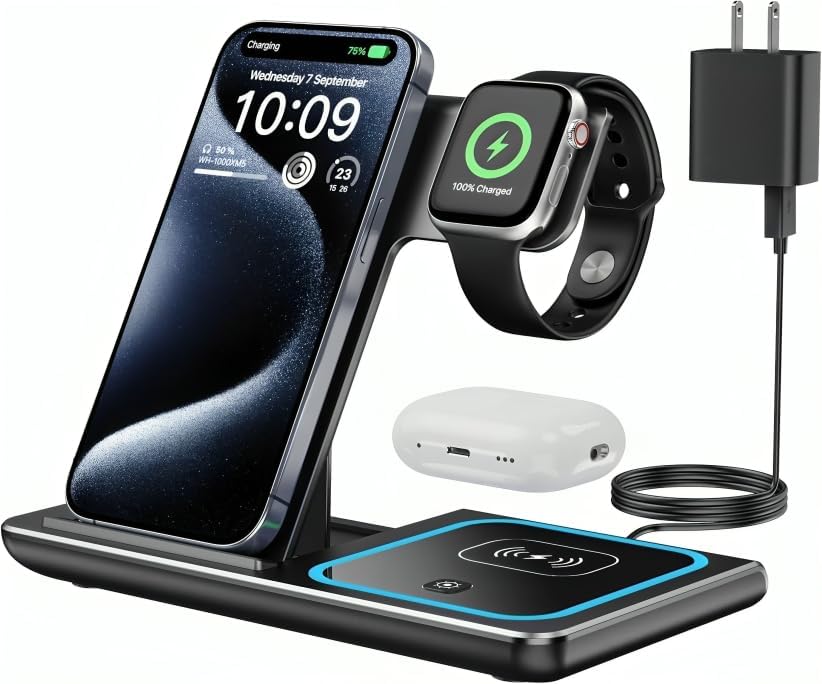 Estación de carga inalámbrica, soporte de cargador inalámbrico 3 en 1, carga inalámbrica rápida para iPhone 15 14 13 12 11Pro Max XR XS 8 Plus, para