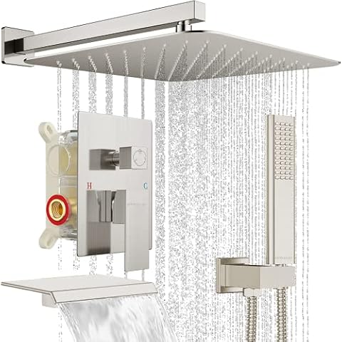 EMBATHER Shower System with Tub Spout, 10 Inches Tub Shower Faucet Set For Bathroom, High Pressure Rain Shower with Handheld Spray, Brushed Nickel (Contain Shower Valve and Trim kit) Cover