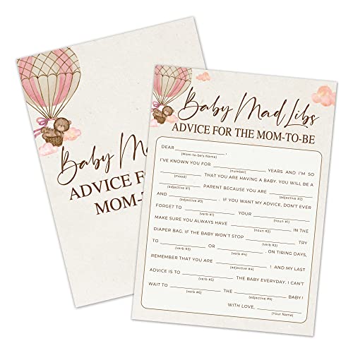 Baby Shower Games, Baby Mad Libs, Teddy Bear Flying With Hot Air Balloons Themed Cards, Baby Gender Reveal Party Game Decorations - 30 Cards (5