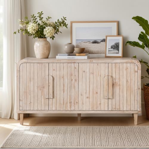 Image of Light Wood Sideboard Cabinet - Buffet Sideboard Storage Cabinet for Dining Room & Living Room - Farmhouse Storage Cabinet, Vintage Wood Finish, Entryway Accent Cabinet