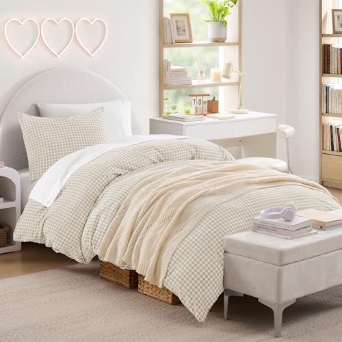 Image of Andency Cream Gingham Duvet Cover Twin, 100% Wash Cotton Linen Like Textured Breathable Comforter Cover Set, 2 Piece Beige Classic Yarn-Dyed Checkered Plaid Bedding Set for Dorm Kids Teens, 66 inch*90 inch