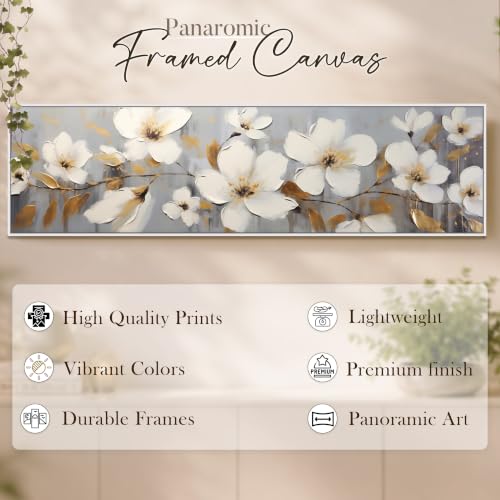 Image of PAINTINGMANTRA White Flowers Wall Art Painting, White Cherry Blossom Flowers for Living Room, Home and Office Wall Decoration (13x47 Inch)