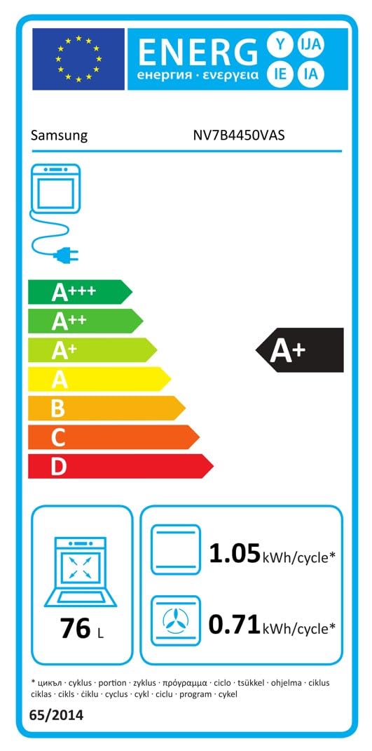 Samsung NV7B4450VAS/U1, Horno Pirolítico 76L, Multifunción, Dual Cook, Negro, Clasificación Energética A+ [Clase de eficiencia energética A+] | Dos cavidades independientes para cocinar dos platos a la vez, Función WiFi con SmartThings, Limpieza pirolític