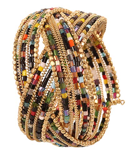 Image of Touchstone Indian Colorful Bead Bracelet Bollywood Beaten Metal Beads Openable Broad Cuff Bracelet in Gold or White Tone for Women.