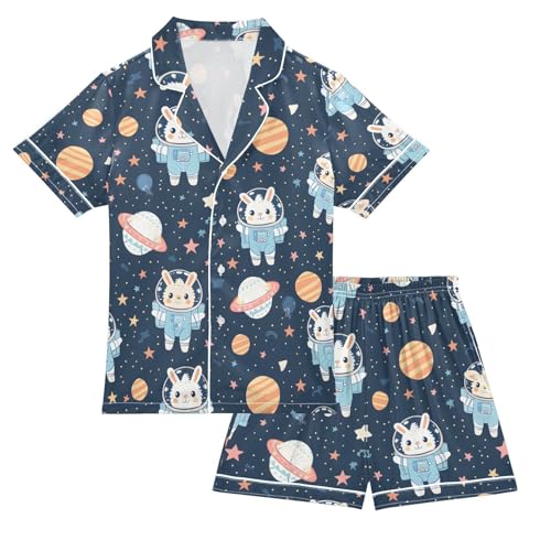 ALAZA Astronaut Bunny Rabbit Star Pajamas Satin Pajama Set Short Sleeve Button Down Sleepwear