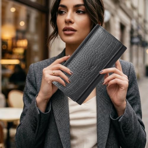 Image of Women's Top Grain Leather Wallet, RFID Blocking Bifold clutch, 17 Card Slots, Zip Pocket Organizer, Elegant Gift for Women - Birthday, Valentine, Anniversary - Croco Black