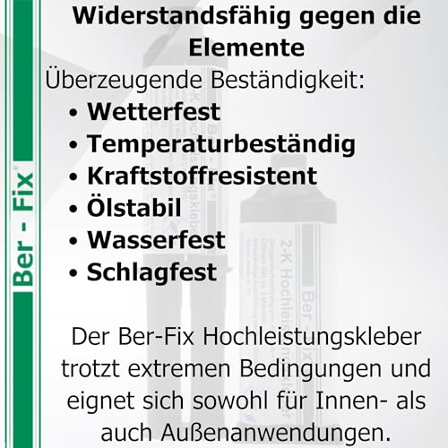 Ber-Fix 2K Hochleistungskleber Extrem starke Verbindung in 30 Minuten Für ABS, GFK, PVC, Stahl, Gusseisen, Holz 25g Spritze, 3 Statikmischspitzen zur präzisen Dosierung