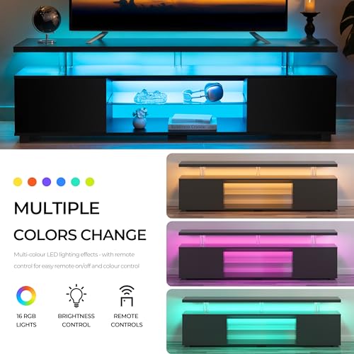 Image of Cubehom Black TV Stand for 70 inch TV, LED Entertainment Center with Storage | Adjustable LED Lighting, Acrylic Columns, Glass Shelf, Spacious Storage, Modern TV Cabinet for Living Room