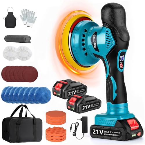 Car Polisher Sans (8 Variable Speed, 2800-6000 RPM) with 2 x 21V 1500mAh Batteries and 27-Piece Polishing Kit for Maintenance and Scratch Removal
