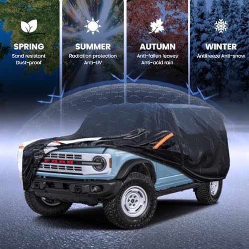 Image of Multi-Layer Car Cover Custom Fit for Ford Bronco 4dr(2020-2026), 100% Waterproof All Weather for Automobiles, Gift with Towel, Heavy Duty Car Covers for Rain Sun UV Protection with Door Zipper