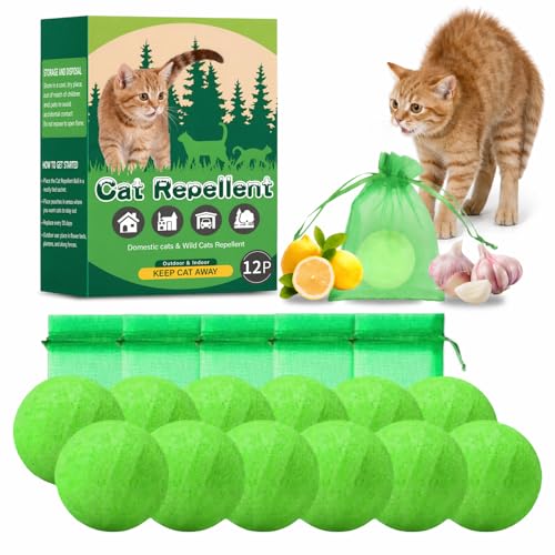 Cat Repellent Outdoor & Indoor Cat Deterrent Balls, Natural Essential Oil Cat Pee Deterrent for Yard, Garden, Furniture & Countertops, Long Lasting & Weatherproof Cat Repellent Pellets, 12 Pcs