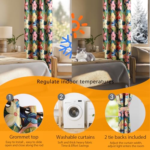 Luvyohmee Pink Floral Blackout Curtains 120 Inch Length Light Blocking High Ceiling Window Thermal Insulation, Extra Long Colorful Patterned Flower Drapes with Tiebacks 2 Panels 10Ft Grommet 52Wx120L - image 6